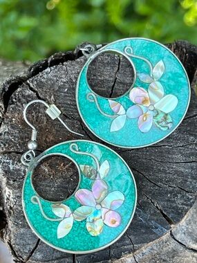 Vintage Alpaca Mexico Abalone & Malachite Dangle Earrings